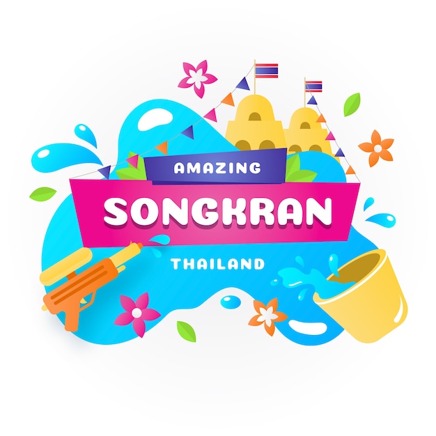 Letras de songkran em respingos de água