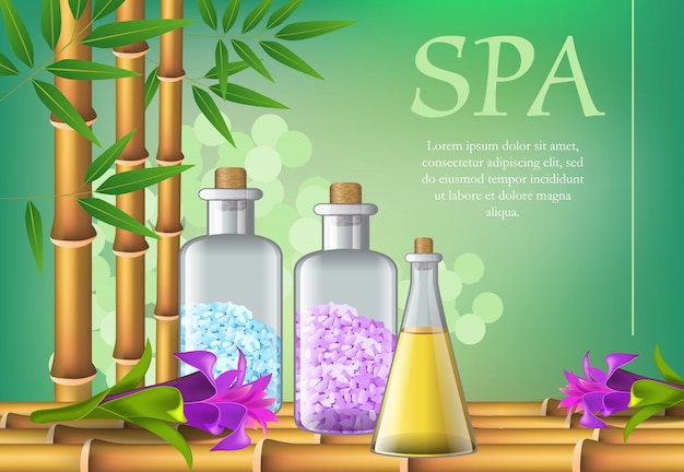 Letras de spa, garrafas e flores. Cartaz de publicidade de salão de spa