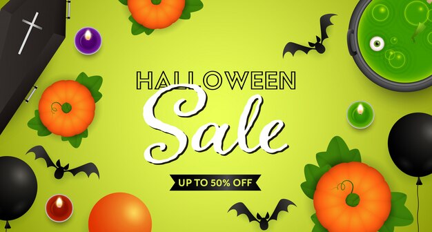 Letras de venda de Halloween com poção, abóboras e morcegos