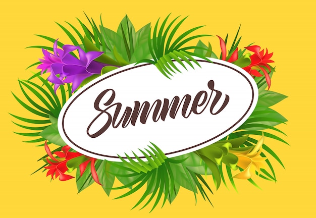 Letras de verão no quadro oval com flores. oferta de verão ou publicidade de venda