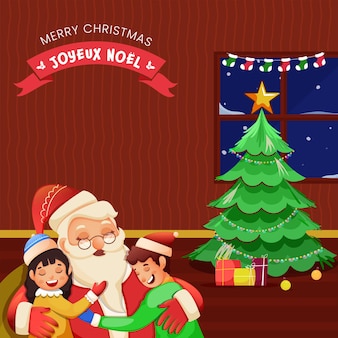Letras francesas de feliz natal com o lindo papai noel, abraçando as crianças e a árvore de natal decorativa no fundo do padrão de listra vermelha.