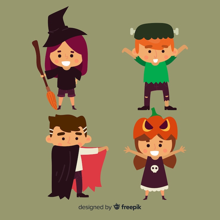 Vetor grátis linda coleção de crianças de halloween com design plano