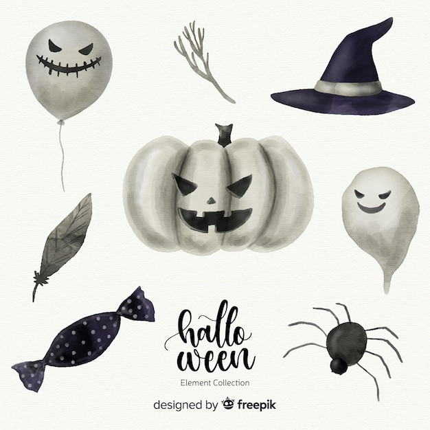 Linda coleção de elementos de halloween em aquarela