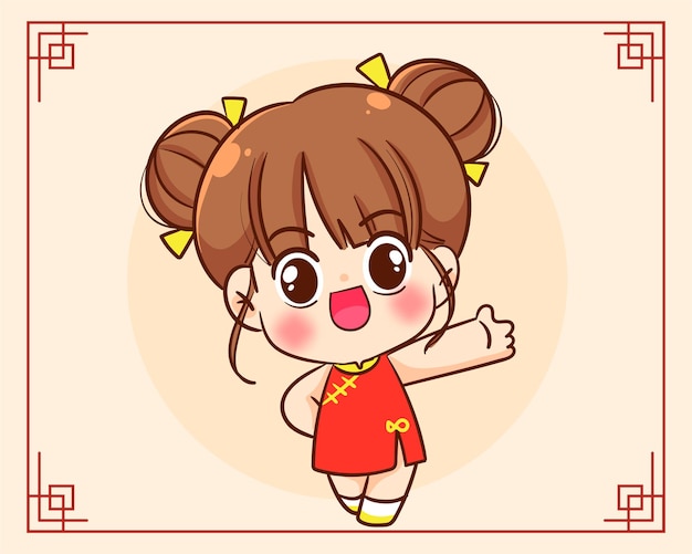 Linda garota chinesa feliz ano chinês chinês celebração festival de personagens ilustração de arte de desenho animado desenhada à mão
