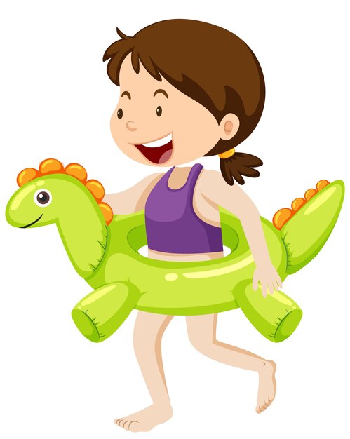 Linda garota com anel de natação de dinossauro isolado