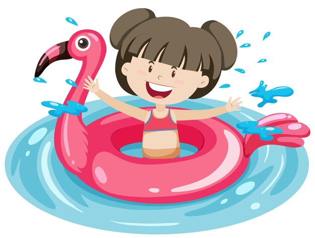 Linda garota com uma argola de flamingo na água isolada