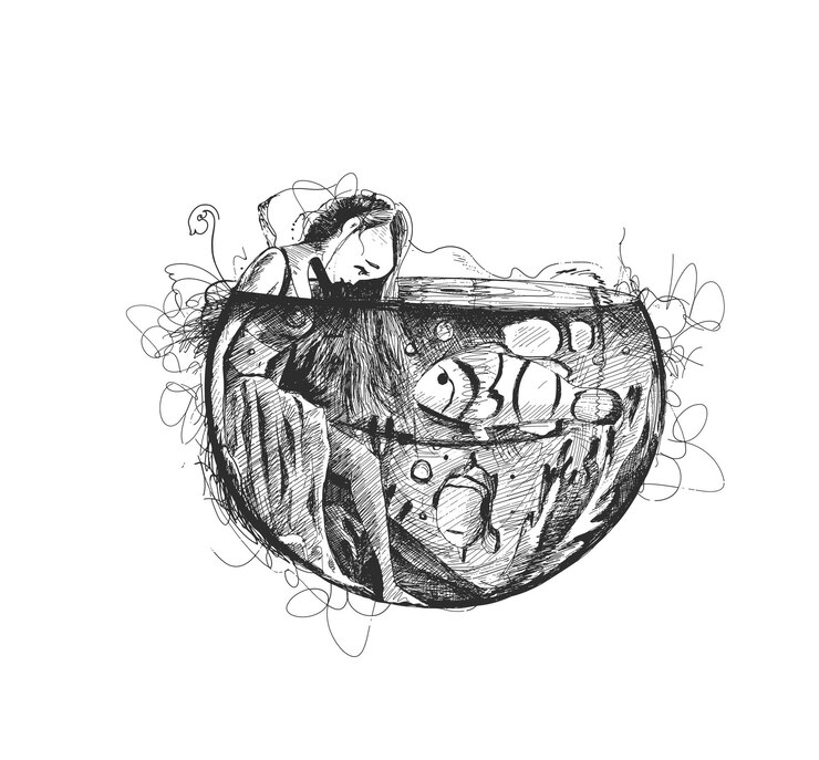 Vetor grátis linda garota debaixo d'água com peixes, ilustração em vetor esboço mão desenhada.