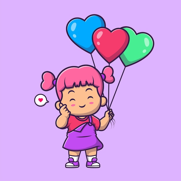 Vetor grátis linda garota segurando balão de amor ilustração vetorial de ícone de desenho animado ícone de férias de pessoas isolado plano