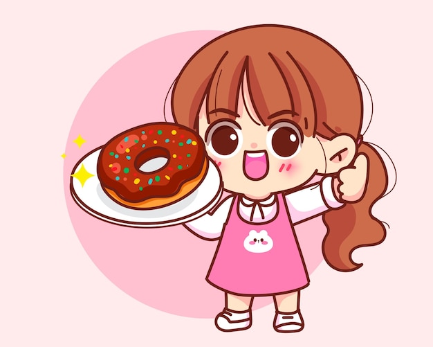 Linda garota segurando o logotipo de comida doce de padaria de donuts desenho à mão ilustração de arte vetorial de personagem