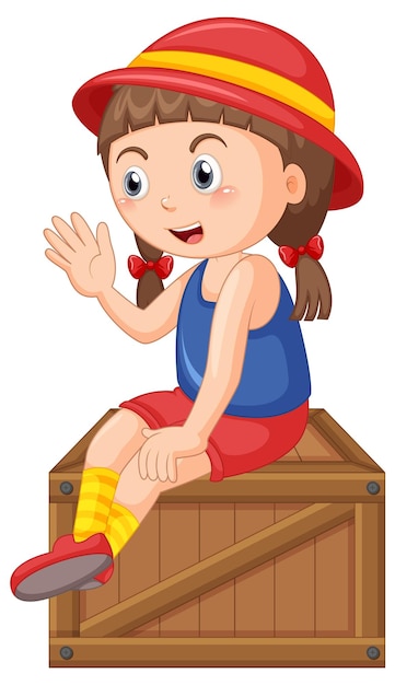 Linda garota sentada na caixa de madeira