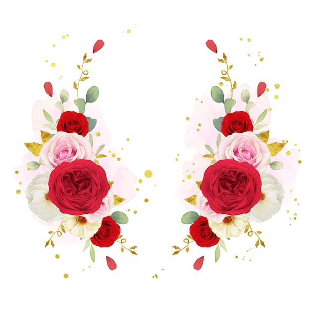 Linda grinalda floral com aquarela rosas brancas e vermelhas