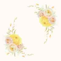 Vetor grátis linda guirlanda floral com ranúnculo de rosas em aquarela e flores de anêmona