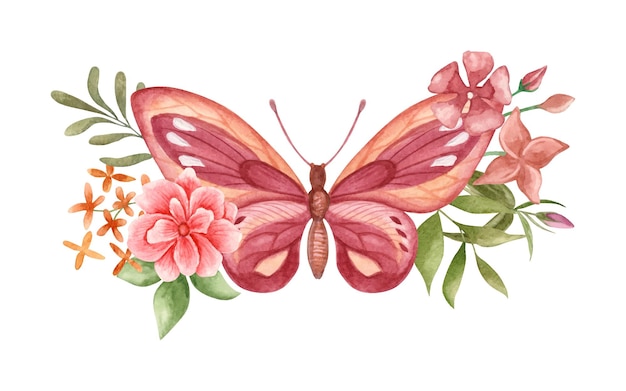 Linda linda borboleta desenhada à mão em aquarela com elementos florais