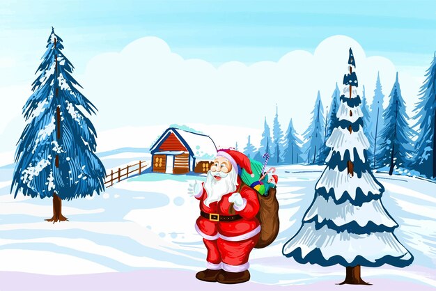 Linda paisagem de inverno com casa no fundo do cartão de natal nevado