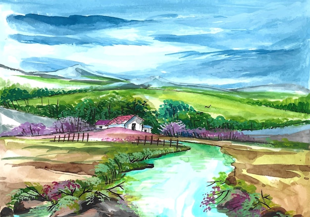 Linda paisagem natural desenha fundo aquarela