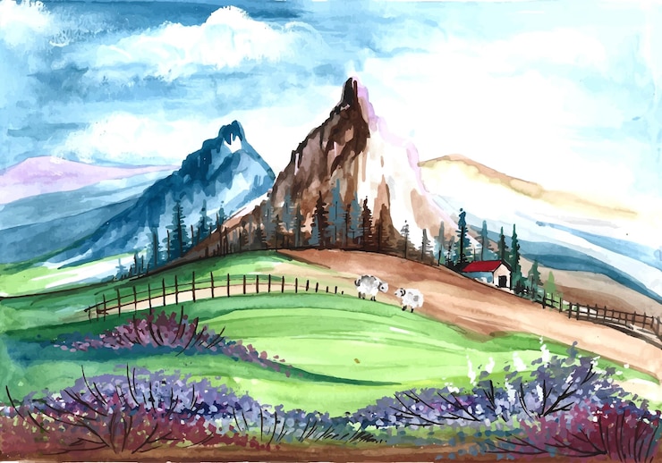 Vetor grátis linda paisagem natural montanhas mão desenhar fundo aquarela