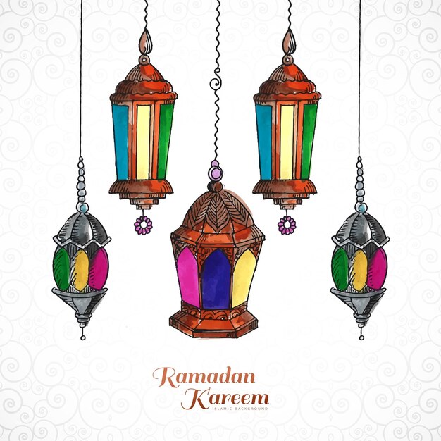 Linda saudação decorativa do festival ramadan kareem islâmico com design de cartão de lâmpada