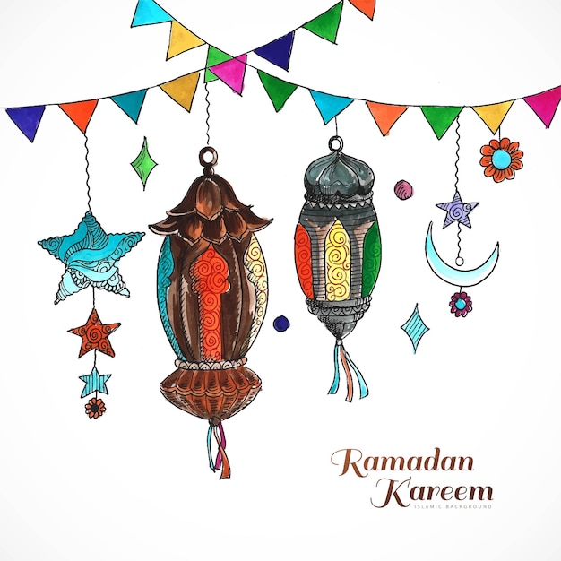 Vetor grátis linda saudação decorativa do festival ramadan kareem islâmico com fundo de lâmpada e lua