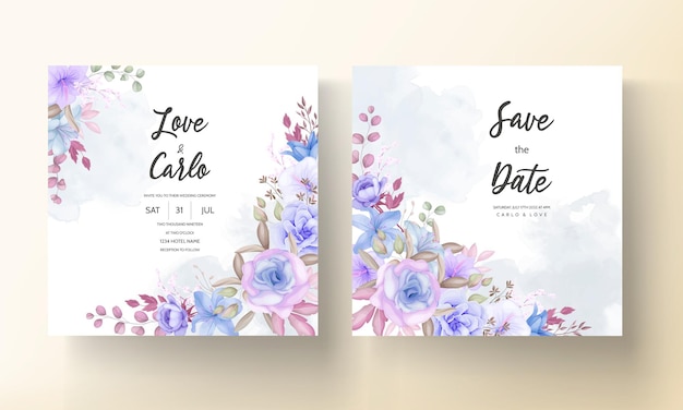 Lindo azul e roxo floral e folhas design de cartão de convite de casamento