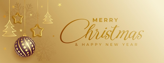 Lindo banner de feliz natal dourado com elementos decorativos pendurados