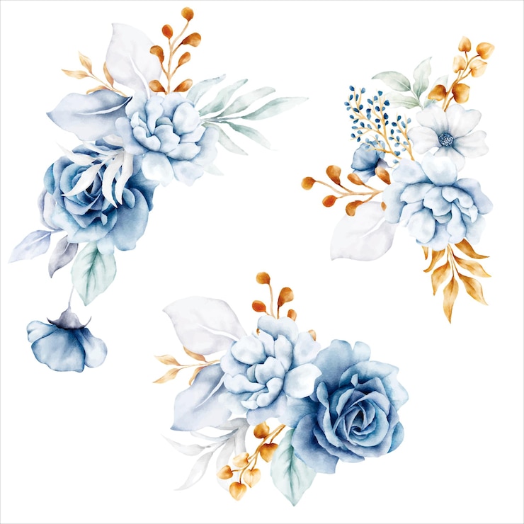 lindo buquê floral branco azul e dourado