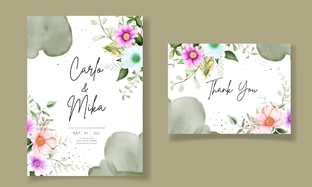 Vetor grátis lindo cartão de convite de casamento em aquarela de flores e folhas