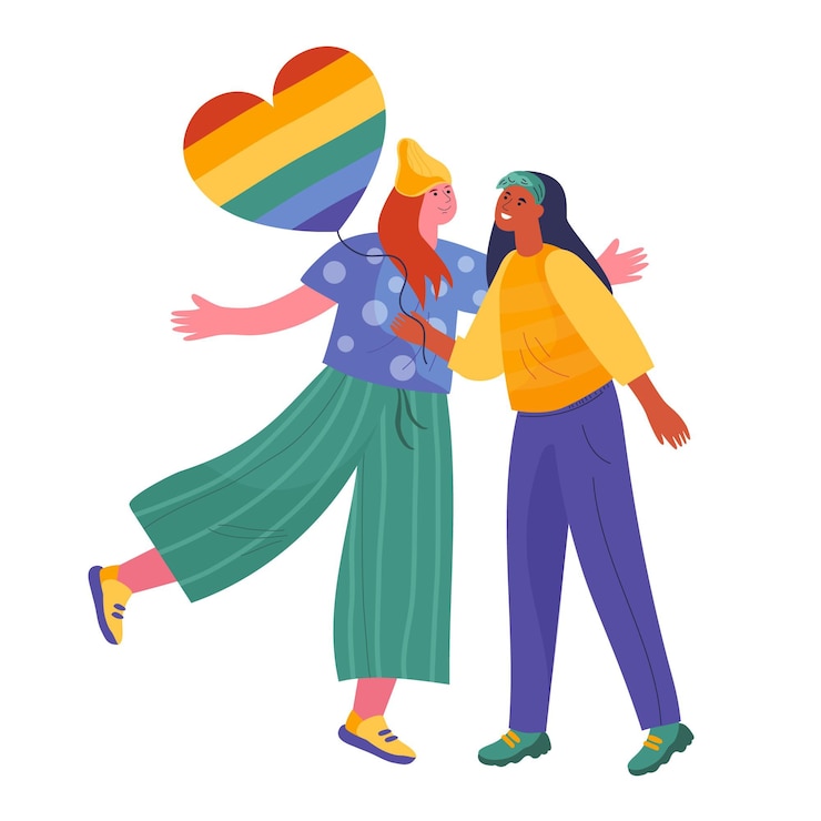 Vetor grátis lindo casal de lésbicas com bandeira lgbt