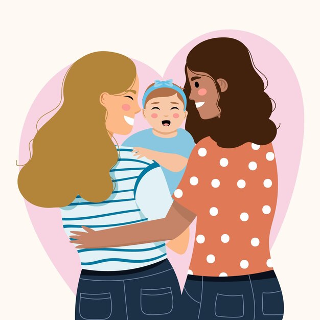 Lindo casal de lésbicas com filho ilustrado