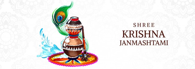 Lindo colorido banner religioso de Krishna Janmashtami