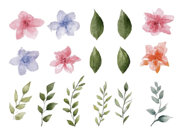 Lindo conjunto de buquê de flores em aquarela e folhas. Elementos florais em aquarela
