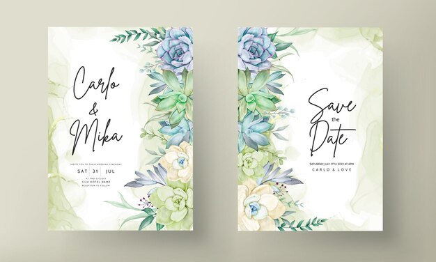 Lindo conjunto de cartão de convite de casamento em aquarela de flores suculentas