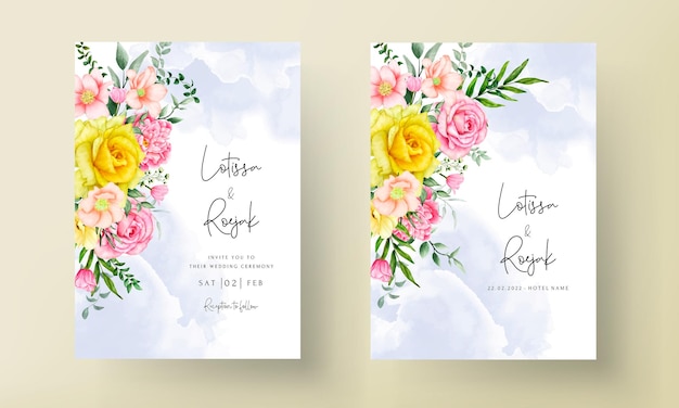 Vetor grátis lindo conjunto de cartão de convite de casamento em aquarela floral desenhado à mão