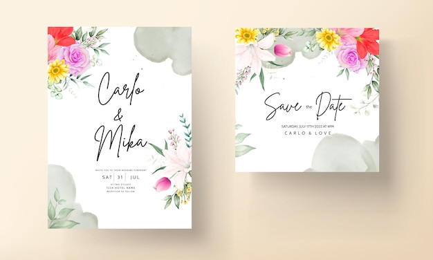 Lindo conjunto de cartão de convite de casamento floral em aquarela