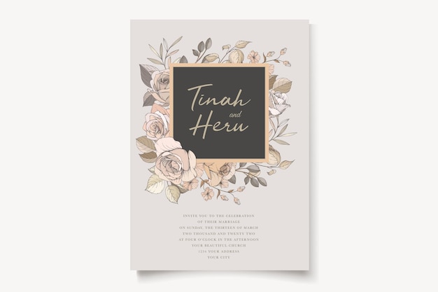 Lindo conjunto de cartões de convite de casamento de rosas desenhadas à mão e lírio