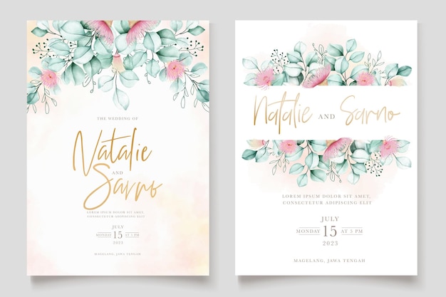 Lindo conjunto de flores e folhas de eucalipto e cartão de convite de casamento Vetor Premium