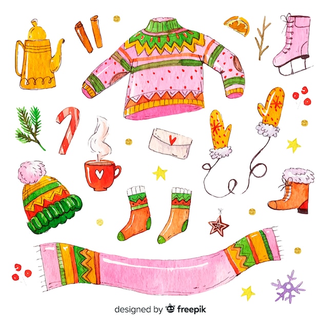 Vetor grátis lindo conjunto de roupas de inverno em aquarela