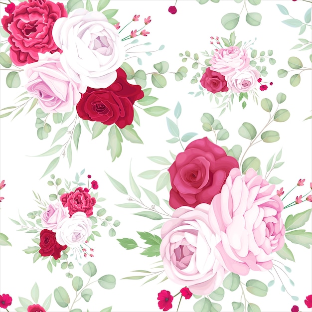 Vetor grátis lindo design de padrão sem emenda de quadro floral rosa e vermelho