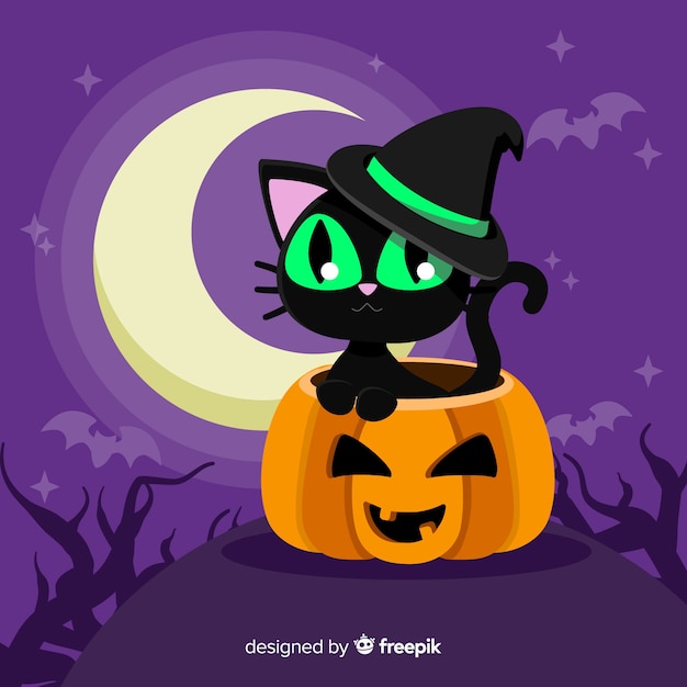 Vetor grátis lindo gato de halloween com design plano