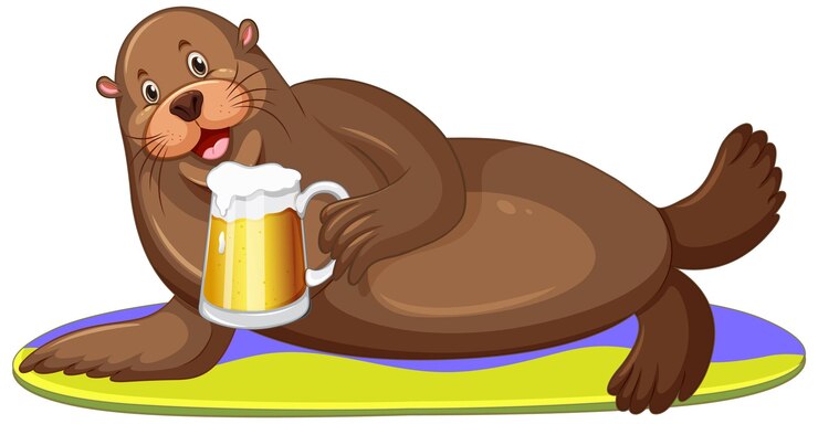 Vetor grátis lindo leão marinho bebendo cerveja na prancha de surf