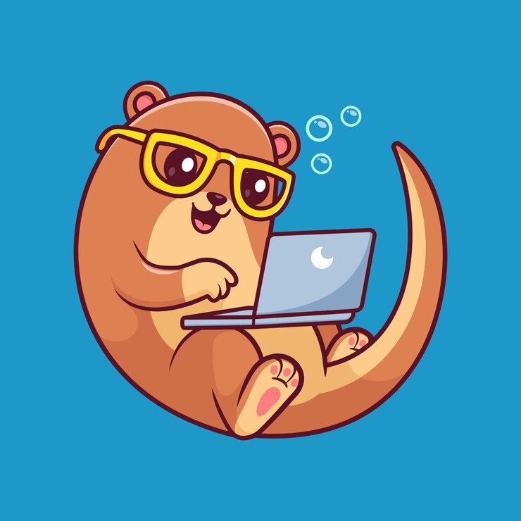 Vetor grátis lindo lontra trabalhando em laptop desenho animado ícone vetorial ilustração tecnologia animal isolado plano
