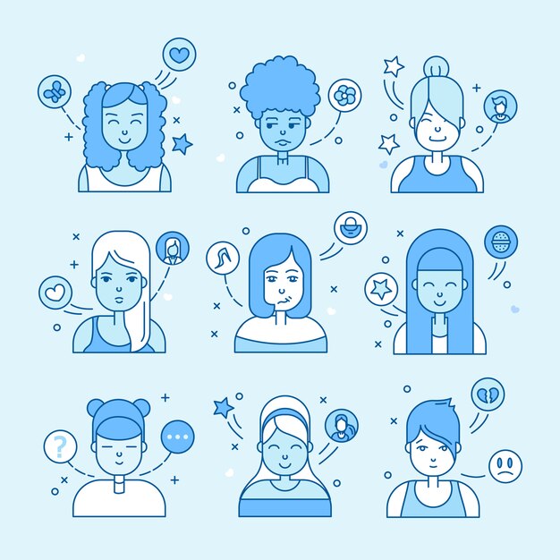 Linear pessoas planas enfrenta ilustração. Avatar de mídia social, userpic e perfis.