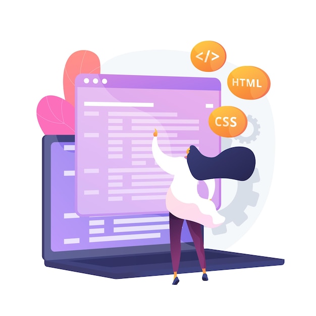 Linguagens de programação Css e HTML. Programação de computadores, codificação, TI. Personagem de desenho animado de programador feminino. Software, desenvolvimento de sites. Ilustração em vetor conceito metáfora isolado.