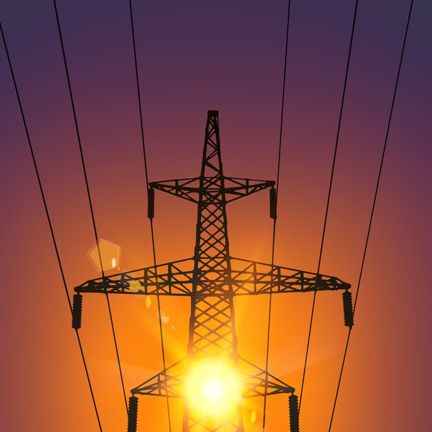Linha de transmissão elétrica no pôr do sol.
