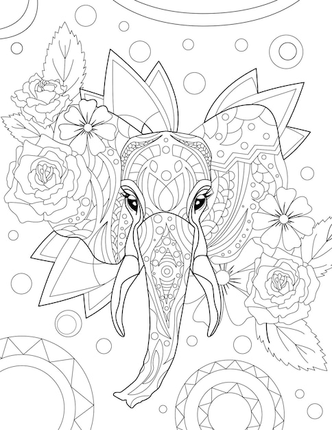 Linha vetorial abstrata desenhando padrões elaborados de elefantes estilizados decorações florais digitais Vetor Premium