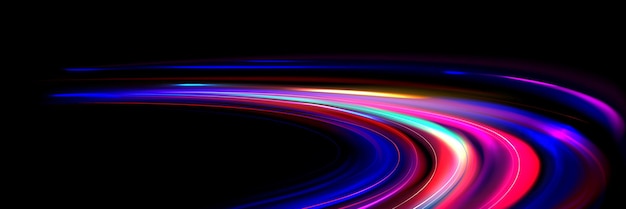 Vetor grátis linhas de curva de movimento de alta velocidade com efeito de néon leve trilha dinâmica brilhante azul e rosa de movimento rápido de carro ou corrida ilustração vetorial realista da ação de explosão de energia em fundo preto