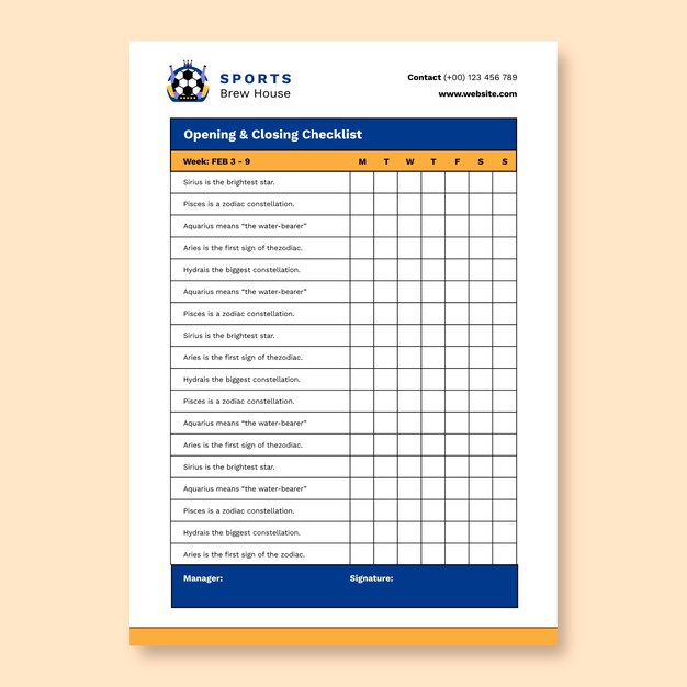 Lista de verificação de abertura e fechamento da cervejaria desportiva Duotone