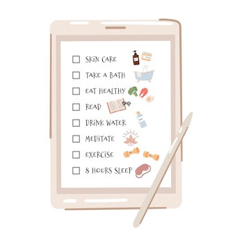 Lista de verificação de autocuidado e rotina para fazer ideias em um tablet. inclui relaxar, fazer exercícios, comer bem, saúde, felicidade, motivação, cuidados com a pele, ler, dormir.