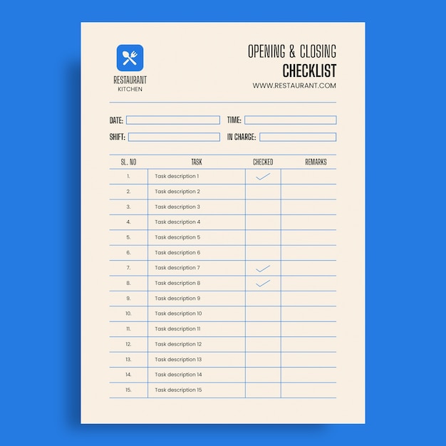 Lista de verificação simples e moderna de abertura e fechamento de cozinha