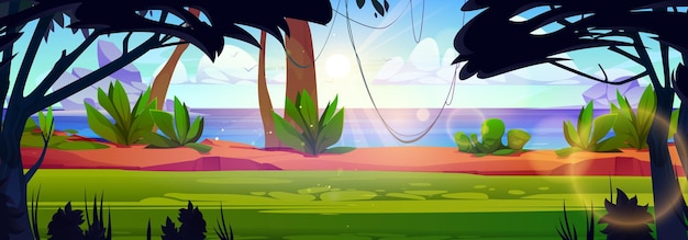 Vetor grátis litoral da ilha tropical com cipós em árvores exóticas vector a ilustração dos desenhos animados da floresta tropical com plantas verdes seascape com rochas pássaros voando no céu azul em direção ao sol brilhante brilhando no horizonte