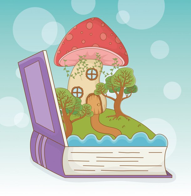 Livro aberto com paisagem de conto de fadas